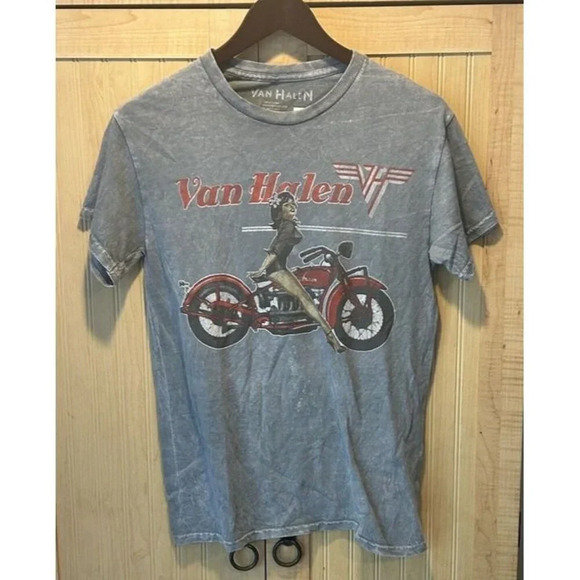 Van Halen T-shirt Women Small Pinup Girl Indian Motorcycle Gray Acid Wash Crew - Picture 1 of 3